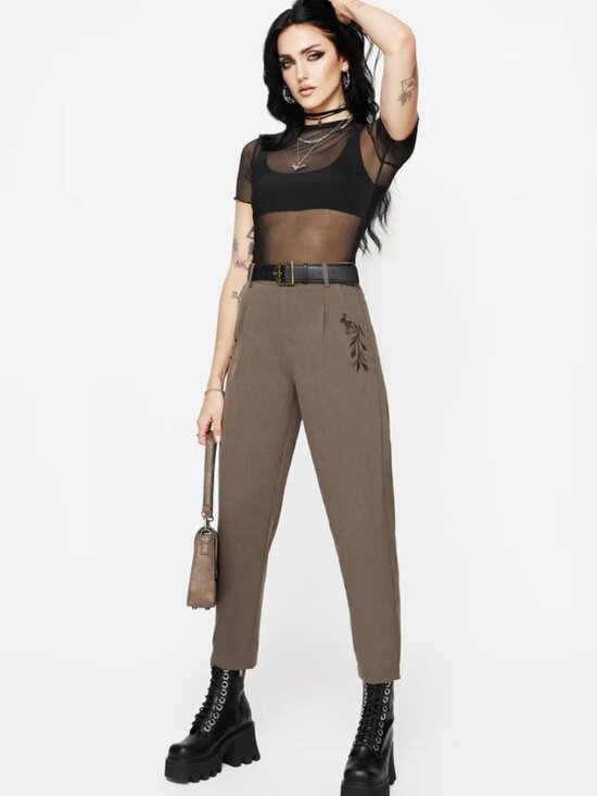 Disturbia Pants - Hester Embroidered Tapered Trousers - Brown - 8
